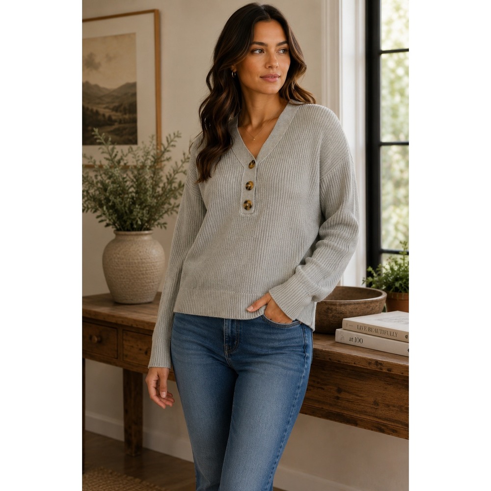 Rachel Zoe Sweater Womens Medium Gray Henley Ribbed Knit Preppy Minimalist
